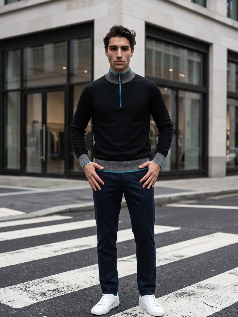 Codice Men's Italian Quarter-Zip Sweater Size 52 (Large) Navy Gray Contrast Trim